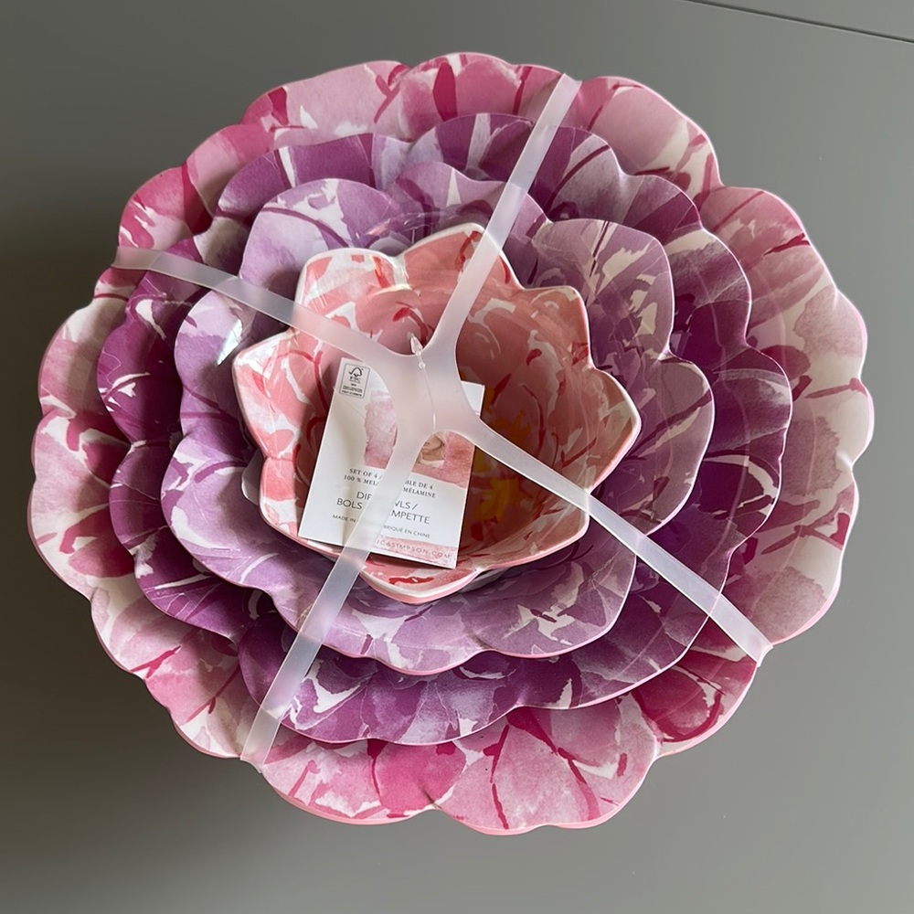 NWT Jessica Simpson set of floral bowls/serving dip/nesting bowl set pink